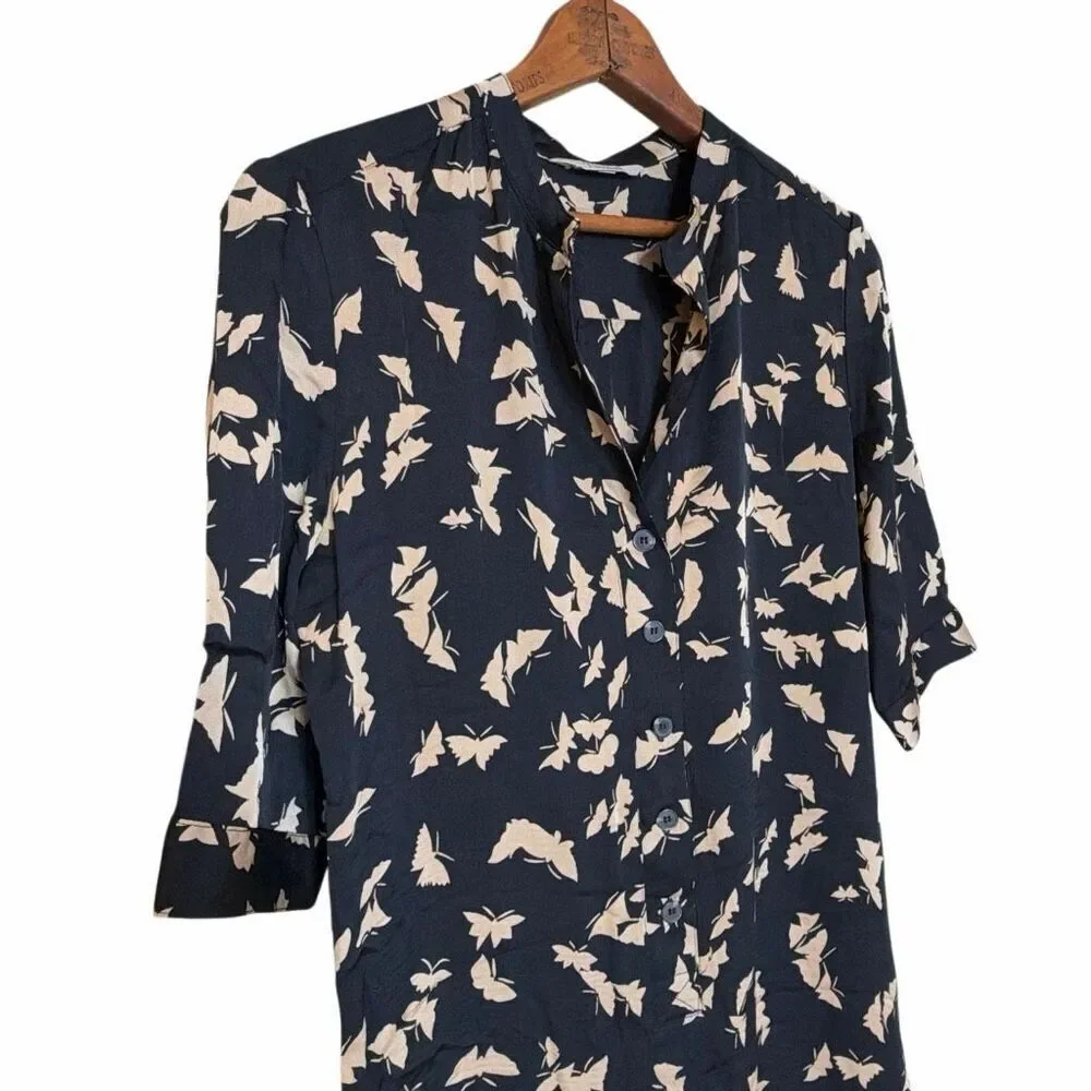 Tucker Butterfly Button Front Silk Blend 3/4 Sleeve Tunic Shirt Dress Navy Small